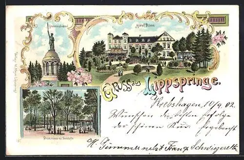 Lithographie Lippspringe, Hotel Peters, Hermansdenkmal, Promenade mit Trinkhalle