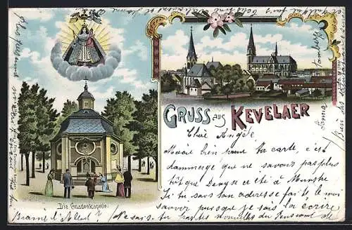 Lithographie Kevelaer, Ortsansicht mit den Kirchen, Gnadenkapelle