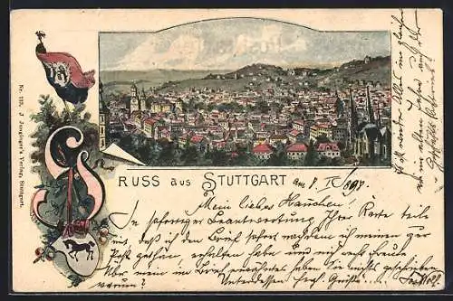 Lithographie Stuttgart, Gesamtansicht aus der Vogelschau mit Fahne und Wappen