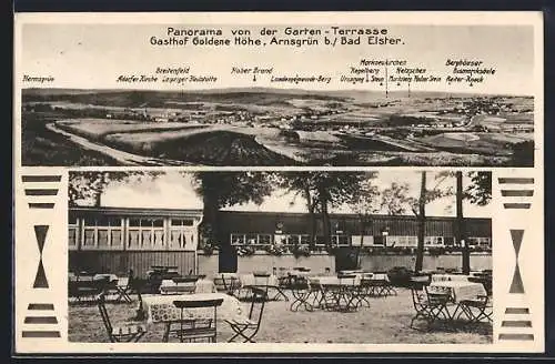 AK Arnsgrün /Bad Elster, Gasthof Goldenen Höhe P. Wölfel, Gartenterrasse mit Panoramablick