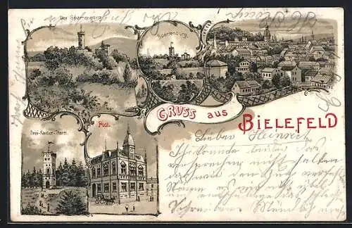 Lithographie Bielefeld, Stadtansicht, Sparrenburg, der Sparrenberg, Drei Kaiser-Turm, Post