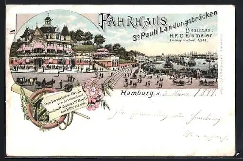 Lithographie Hamburg-St. Pauli, Fährhaus und Landungsbrücken