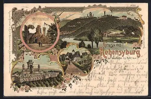 Lithographie Westhofen /Ruhr, Burgruine Hohensyburg und Vinkerthurm, Kaiser Wilhelm-Denkmal