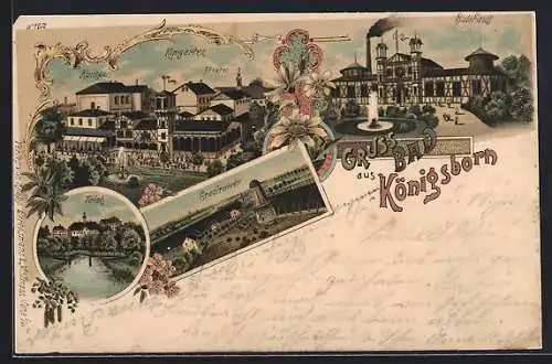 Lithographie Bad Königsborn, Kurhaus mit Kurgarten und Theater, Badehaus, Gradirwerke und Teich