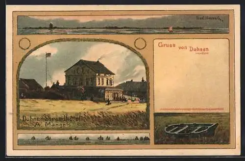 Lithographie Duhnen, Duhner Strandhotel, Inh.: A. Mangels, Insel Neuwerk