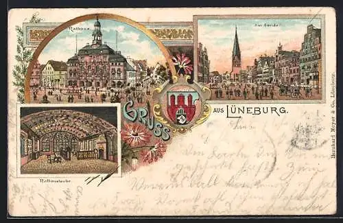 Lithographie Lüneburg, Am Sande, Rathaus & Rathauslaube, Wappen