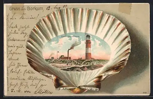 Passepartout-Lithographie Borkum, Elektr. Leuchtturm in einer Muschel