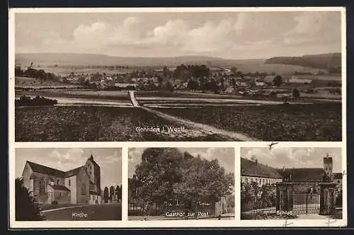 AK Gehrden i. Westf., Totalansicht aus der Ferne, Kirche, Gasthof zur Post, Schloss