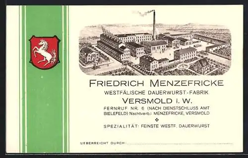 AK Versmold i. W., Westfälische Dauerwurst-Fabrik Friedrich Menzefricke