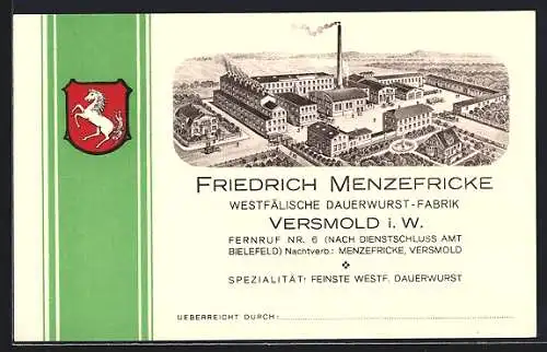 AK Versmold i. W., Westfälische Dauerwurst-Fabrik Friedrich Menzefricke