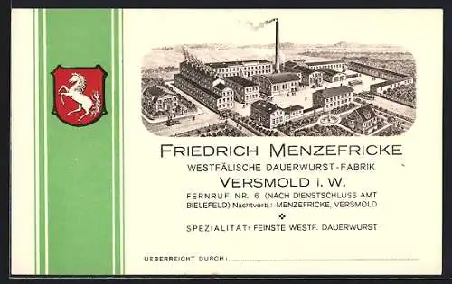 AK Versmold i. W., Westfälische Dauerwurst-Fabrik Friedrich Menzefricke