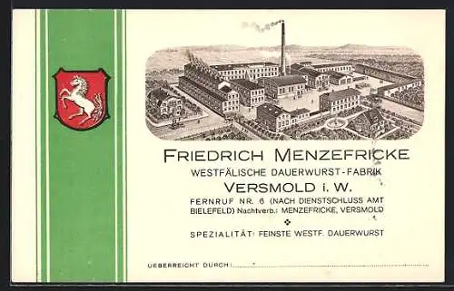 AK Versmold i. W., Westfälische Dauerwurst-Fabrik Friedrich Menzefricke