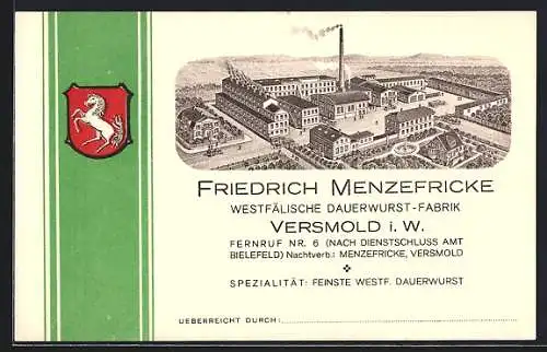 AK Versmold i. W., Westfälische Dauerwurst-Fabrik Friedrich Menzefricke