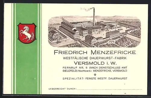 AK Versmold i. W., Westfälische Dauerwurst-Fabrik Friedrich Menzefricke