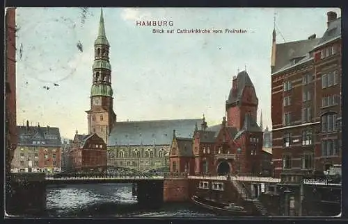 AK Hamburg, Blick auf Katharinkirche vom Freihafen aus