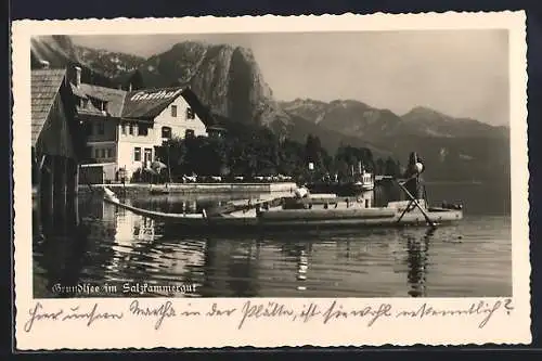 AK Grundlsee i. Salzkammergut, Partie am Gasthof, Boot