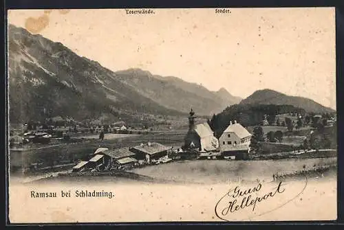 AK Ramsau bei Schladming, Ortspartie mit Kirche, Loserwänden und Stoder