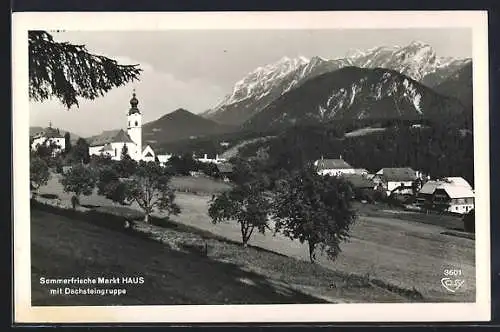 AK Haus, Teilansicht mit Kirche und Dachsteingruppe