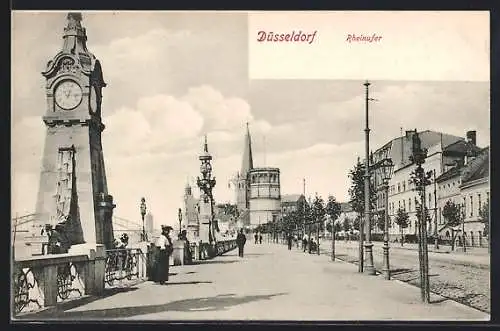 AK Düsseldorf, Rheinufer mit Uhrturm