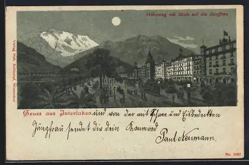 Lithographie Interlaken, Strasse Höheweg mit Blick auf die Jungfrau