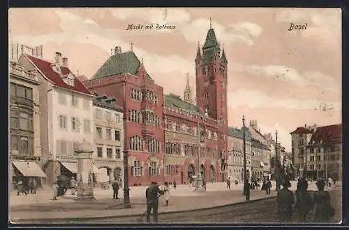 AK Basel, Markt mit Geschäft, Rathaus und Litfasssäule