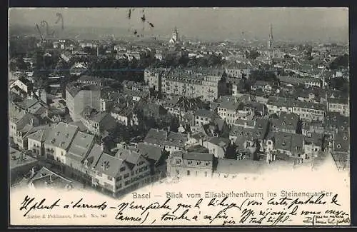 AK Basel, Blick vom Elisabethenturm ins Steinenquartier