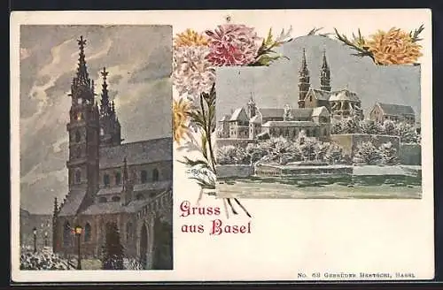 Künstler-AK Basel, Münster im Winter, Blumen-Passepartout