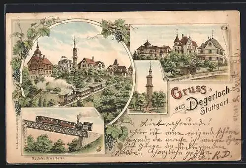 Lithographie Stuttgart-Degerloch, verschiedene Ansichten der Ortschaft mit Bergbahn