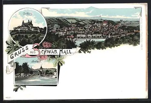 Lithographie Schwäbisch Hall, Soolbad, Comburg, Ortsansicht