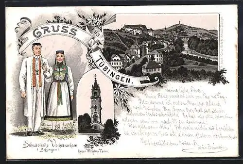 Lithographie Tübingen, Schwäbische Volkstrachten, Kaiser Wilhelm-Turm und Totalansicht