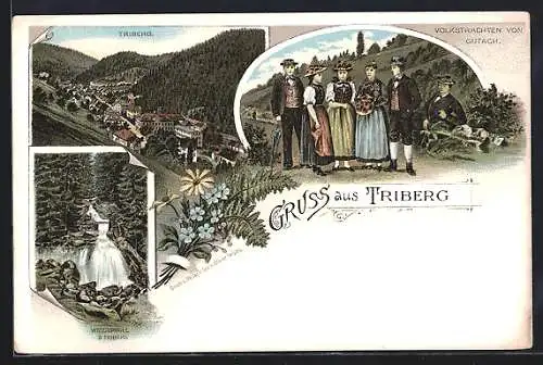 Lithographie Triberg, Wasserfall, Ortsansicht und Anwohner in Tracht