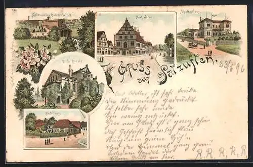 Lithographie Salzuflen, Sophienquelle u. Kinderheilanstalt, Villa Krecke, Badehaus, Marktplatz, Schützenhaus