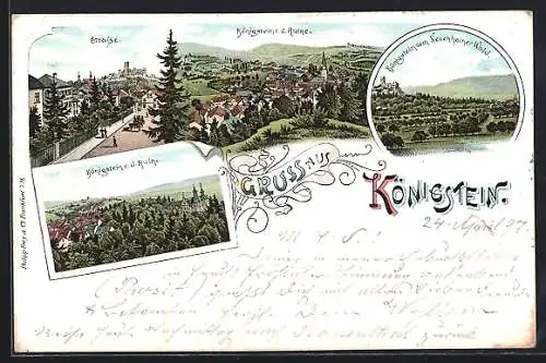 Lithographie Königstein / Taunus, Ortsansichten v. d. Ruine und vom Neuenhainer Wald, Strassenpartie