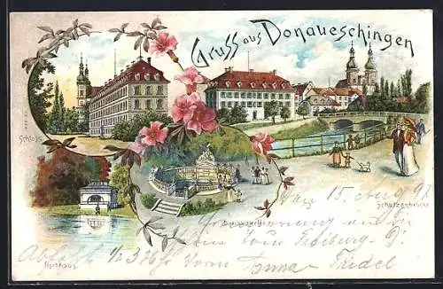 Lithographie Donaueschingen, Schloss, Fischerhaus, Donauquelle