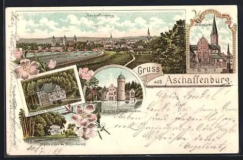 Lithographie Aschaffenburg, Schlösschen, Jagdschloss, Schloss Mespelbrunn, Stiftskirche