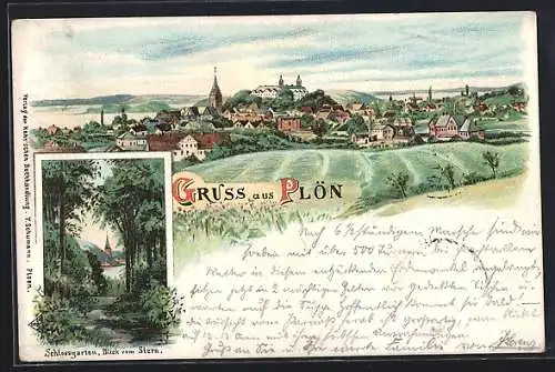 Lithographie Plön, Schlosgarten, Blick vom Stern, Ortsansicht