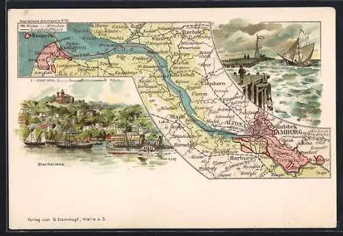 Lithographie Hamburg-Blankenese, Landkarte des Ortes mit Umgebung, Blick zum Ort, Segelboot