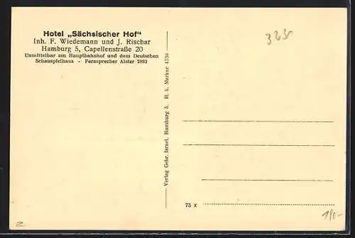 AK Hamburg-St.Georg, Hotel Sächsischer Hof in der Capellenstrasse 20, Hauptbahnhof