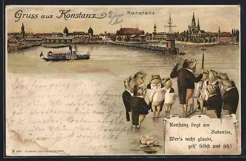 Lithographie Konstanz, Dampfer passiert die Stadt, Frösche geben ein Ständchen