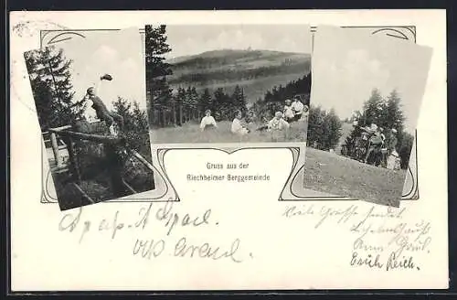 AK Riechheim, Gruss aus der Berggemeinde, Wanderer auf dem Berg