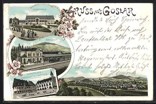 Lithographie Goslar, Marktplatz, Kaiserworth u. Rathaus, Kaiserpfalz