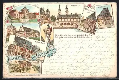 Lithographie Goslar a. H., Pauls Hotel mit Turm, Steinberg-Hotel, Marktplatz, Kaiserhaus