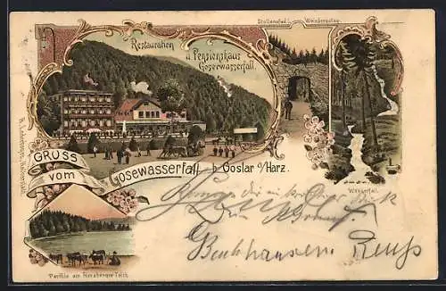 Lithographie Goslar, Restaurant und Pensionshaus Gosewasserfall, Partie am Herzberger Teich