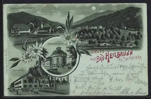 Mondschein-Lithographie Bad Heilbrunn a. d. Isarthalbahn, Gasthof Ebert, Adelhaidsquelle, Totalansicht