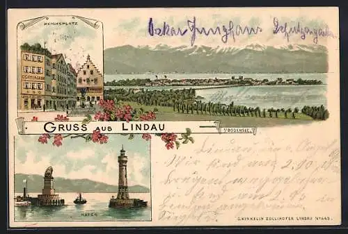 Lithographie Lindau / Bodensee, Gebäude am Reichsplatz, Hafen mit Leuchtturm