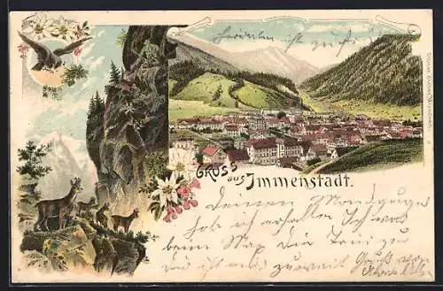 Lithographie Immenstadt, Panoramablick auf Ort und Berge, Gemsen