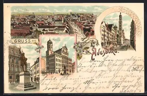 Lithographie Augsburg, Perlachturm, Rathaus, Fugger-Denkmal