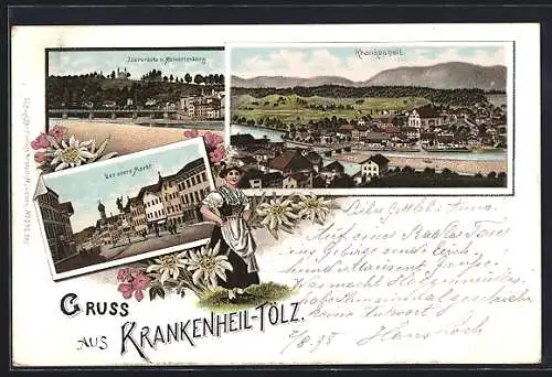 Lithographie Krankenheil-Tölz, Teilansicht, Isarbrücke und Kalvarienberg, Der obere Markt