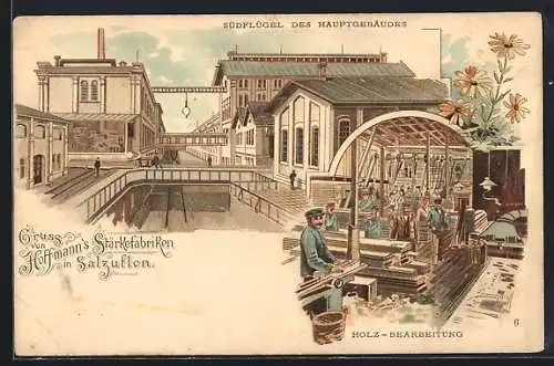 Lithographie Salzuflen, Hoffmanns Stärkefabriken, Südflügel Hauptgebäude, Holz-Bearbeitung