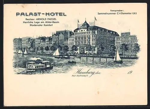 Lithographie Hamburg-Neustadt, Das Palast-Hotel v. Arnold Paegel, Neuer Jungfernstieg 16